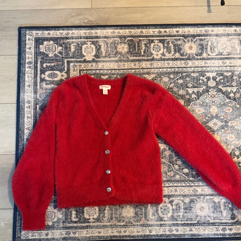 Cat & Jack Girls Fuzzy Crystal-Button Sweater